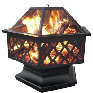 Vuurkorf met vonkbescherming en pookhaak, metalen vuurschaal voor tuin & terras, hexagon vuurkorf Fire Pit voor warmte in de winter, hittebestendig en duurzaam