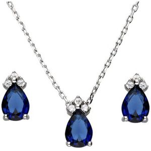 Zilver Sieraden Set Ketting met Oorbellen Blauw Zirkonia - Set with Blue Colour Zirconia - Amona Jewelry