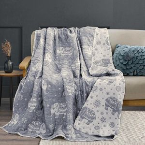 Boho knuffeldeken 220 x 240 katoen deken boho sprei extra warm en zacht bedsprei olifant patroon omkeerbare deken sofadeken blauw en wit