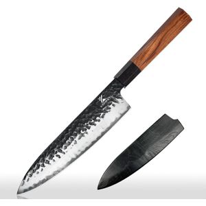 KAAMUT® Professioneel Koksmes - 20 CM - Aus-10 Japans Staal (3 Lagen) - Gehamerd & Zwarte Unieke Finish - Vlijmscherp - Topkwaliteit - Ebbenhouten & Mkuruti Handvat - Incl. Houten Schede - Luxe Geschenkverpakking