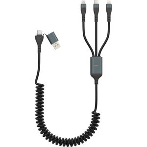 100 W USB-C naar multi-oplaadkabel spiraalkabel 10 ft MFi gecertificeerd - iPhone oplaadkabel met USB-A en USB-C - Lightning/type C/Micro-USB - gegevensoverdracht