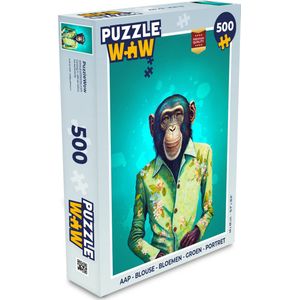 Puzzel Aap - Blouse - Bloemen - Groen - Portret - Legpuzzel - Puzzel 500 stukjes