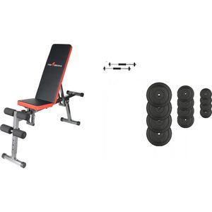 Sportbank +  Gewichtenset inc. 75 kg Halterschijven + 2 Dumbell stangen 45cm + Curlstang 120cm