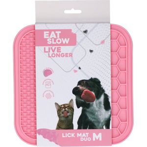 Eat Slow Live Longer Duo Likmat - 21 x 21 cm - Vierkant - Snuffelmat - Anti-schrok Mat - Slowfeeder - 100% Siliconen - Vaatwasserbestendig - Maat M - Roze