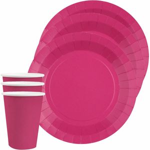 Santex feest/verjaardag servies set - 20x bordjes en bekertjes - fuchsia roze - karton