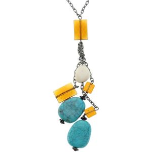 Behave Lange dubbele zilverkleurige ketting met turquoise en bruine kralen en lange hanger