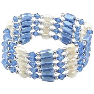 Zoetwater parel armband Wrap Magnetite Blue Pearl - echte parels - magnetiet - wit - blauw - wikkelarmband