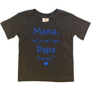 T-shirt Kinderen ""Mama, wil je met mijn papa trouwen?"" | korte mouw | Zwart/blauw | maat 134/140
