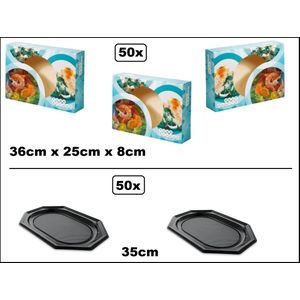50x Luxe Cateringdozen Fish & Fresh met venster 36x25x8cm met catering schaal zwart 35cm - Catering salade maaltijd bezorg doos thuis bezorg