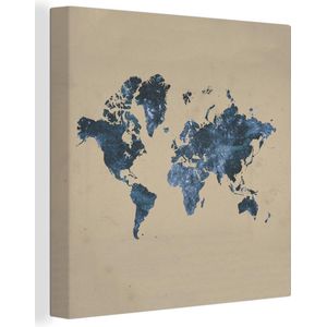 Canvas Wereldkaart - 20x20 - Wanddecoratie Wereldkaart - Blauw - Glitter