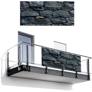 Balkonscherm 200x90 cm - Balkonposter Stenen - Steenoptiek - Antraciet - Grijs - Balkon scherm decoratie - Balkonschermen - Balkondoek zonnescherm
