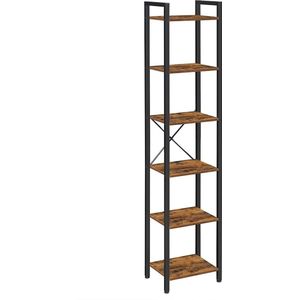 Nancy's Covina Opbergrek - Boekenkast - Open Kast - 6 Niveaus - Vintage - Industrieel - Bruin - Zwart - Bewerkt Hout - Metaal - 40 x 30 x 178.6 cm