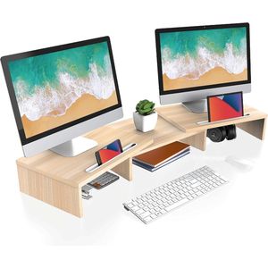 Houten Monitorstandaard PC Laptop Computerscherm Verhoger,Draaibare Lengte Verstelbaar Monitor Printer Verhoger - met Telefoon Houder,79-111,3x28x10,6cm,Max. Belasting:25kg