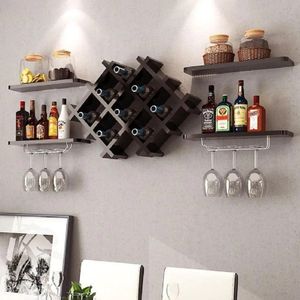 DHN Wijnrek - Wand gemonteerd Wijnrek - Set van 5 - Wijnfles Plank Set Met Glazen Houder - Muur wijnrek