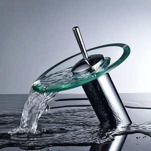 Kleurrijke Glazen Waterval Wastafel Kraan - Chroom Eengreeps Mengkraan voor Badkamer, Ronde Wastafel Kraan, Moderne Badrandcombinatie, Design Kraan voor Wastafel