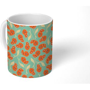 Mok - Koffiemok - Retro - Bloemen - Design - Oranje - Mokken - 350 ML - Beker - Koffiemokken - Theemok