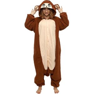 KIMU Onesie Aap Pak - Maat S-M - Apenpak Monkey Kostuum Bruin Chimpansee Pak 158 164 - Jungle Jumpsuit Dierenpak Pyjama Dames Heren Festival