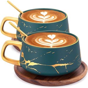 Set van 2 espressokopjes 300 ml cappuccino-kopjes marmeren koffiekopjes met schoteltje porselein groen Koffiekopjes set van 6