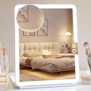 Make-up Spiegel - Spiegel Opvouwbare reizen oplaadbare 1800mA draagbare verlichte make-upspiegel met 10x vergrotende spiegel 3 kleuren dimbare ultradunne make-upspiegel met verlichting - wit