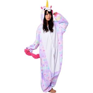 KIMU Onesie Sterren Eenhoorn Pak - Maat S-M - Eenhoornpak Unicorn Kostuum Lila 158 164 - Unicornpak Jumpsuit Zacht Huispak Dames Heren Festival