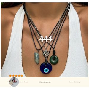 5-Delige Ketting Set Etnische Vrede Gesp Blauw Turkse Nazar Hanger Choker Ketting voor Vrouwen - Gotische Levensboom Lederen Ketting Sieraden