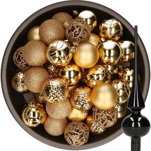 Decoris Kerstballen 37x stuks - 6 cm - goud - kunststof - incl. glazen piek glans zwart