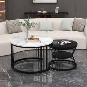 Amalee - Set van 2 Salontafels - Zwarte poten - Marmerlook - industrieel - Rond - Salon - Slaapkamer -