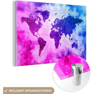 MuchoWow® Glasschilderij 120x80 cm - Schilderij acrylglas - Wereldkaart - Roze - Paars - Foto op glas - Schilderijen