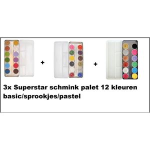 3x Superstar schmink palet 12 kleuren basic/sprookjes/pastel - pallet schmink thema feest festival