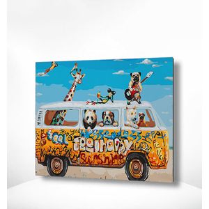 Painting Expert® Schilderen op nummer Volwassenen - Schilderen op nummer Kinderen - Bus met Dieren - 40x50cm - Exclusief Lijst (24 kleurtjes)