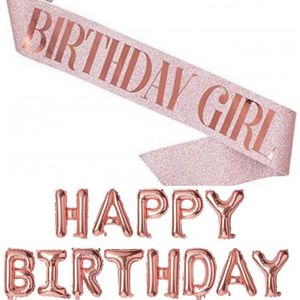Birthday Girl set rosé goud 2-delig met sjerp en grote ballon slinger - verjaardag - sjerp - birthday girl - rose goud - ballon -