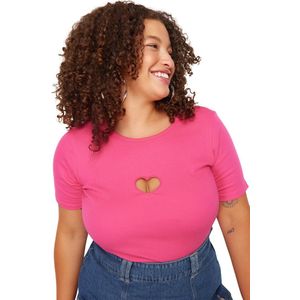 Trendyol Roze Slim Fit Hart Cut-Out Gedetailleerde Geribbelde 100% Katoenen Breisel Plus Size T-Shirt Tbbss24Bf00006