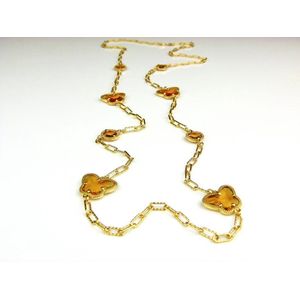 lange zilveren halsketting collier halssnoer geelgoud verguld Model Vlinder en Bol met amber bruine stenen