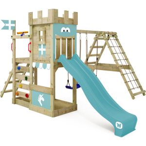 WICKEY speeltoestel ridderkasteel DragonFlyer met schommel & pastelblauwe glijbaan, outdoor kinderklimtoren met zandbak, ladder & speelaccessoires voor de tuin