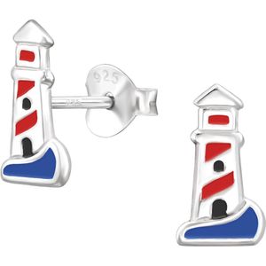 Joy|S - Zilveren vuurtoren oorbellen - 5.7 x 10.2 mm - lighthouse maritiem - kinderoorbellen - sterling zilver 925