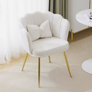 Sweiko Fluwelen Eetkamerstoel,Comfortabele Kussens Stoelen met Bloemblaadjes ruggen en vergulde metalen poten, evenals vlindermatten voor slaapkamers en eetkamer,Beige