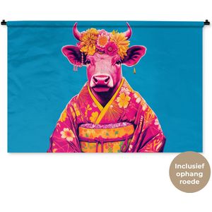 Wandkleed 150x100 cm - Wanddoek Koe - Bloemenkrans - Oorhangers - Kimono - Wandtapijt - Wandkleden