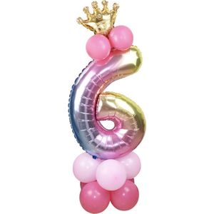 Prinsessen Verjaardag 6 Jaar - Roze Ballonnen Set - Leeftijdballon - Feestversiering / Verjaardag Versiering - Prinses Feestje - Kinderfeestje - Regenboog / Roze - Prinsessenkroontje Ballon - Prinsessen Ballon - Feestpakket - Roze Ballonnen