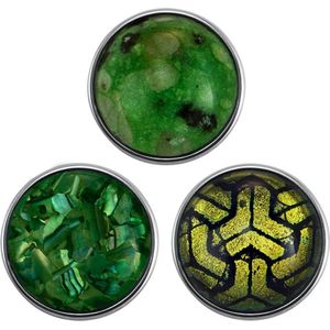 Quiges - Chunk 18mm Click Button Drukknoop Set van 3 Stuks Groen Mix met Natuursteen & Schelp - EBCMSET006