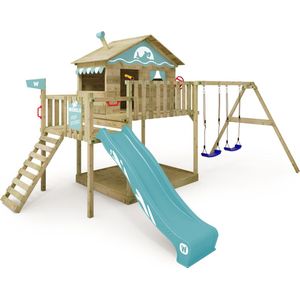 WICKEY speeltoestel klimtoestel Smart Coast met schommel & pastelblauwe glijbaan, outdoor kinderspeeltoestel met zandbak, ladder & speelaccessoires voor in de tuin