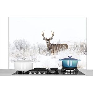 Spatscherm keuken 120x80 cm - Kookplaat achterwand Hert - Winter - Sneeuw - Dieren - Seizoenen - Wit - Muurbeschermer - Spatwand fornuis - Hoogwaardig aluminium