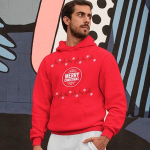 Kerst Hoodie Rendieren - Merry Christmas Round - Kleur Rood - ( MAAT XL - UNISEKS FIT ) - Kerstkleding voor Dames & Heren