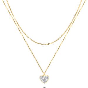 Twice As Nice Halsketting in goudkleurig edelstaal, dubbele ketting, hart met witte kristallen 40 cm
