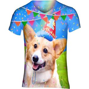Verjaardags shirt met Corgi Festival shirt - Maat: M - V-hals - Feestkleding - Festival Outfit - Fout Feest - T-shirt voor festivals - Rave party kleding - Rave outfit - Hondenshirt