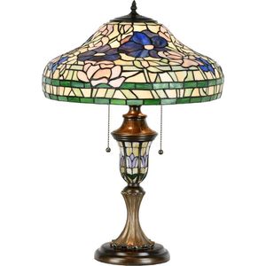 Tiffany Tafellamp Ø 46x60 cm  Beige Groen Glas Kunststof Rond Bloemen Tiffany Bureaulamp Tiffany Lampen Glas in Lood