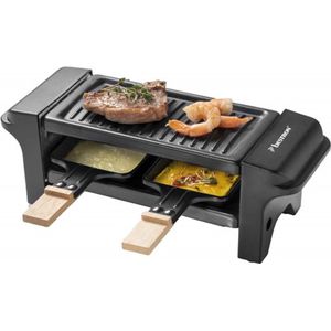 Bestron Mini Raclette, Gourmetstel voor 1 tot 2 personen, incl. 2 pannen, 2 houten spatels & 2 onderzetter, met antiaanbaklaag, 350W, kleur: zwaart/hout