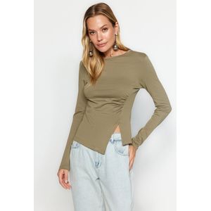 Trendyol Zwarte Katoenen Gebreide Blouse Met Enkele Split En Ronde Hals Twoaw24Bz00388