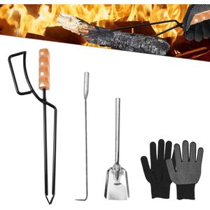 Zware haardtangen met houten handvat - Haardset met haardtang vuurhaak kolenschop - IJzeren haardbestek set - Handschoenen voor kampvuren en kachels