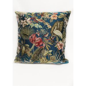 Kussenhoes - luxe gobelinstof - Amy Dark Blue - Gekleurde bloemen en kolibries op donkerblauwe achtergrond