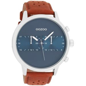 OOZOO Timepieces - Zilverkleurige horloge met bruine leren band - C10673